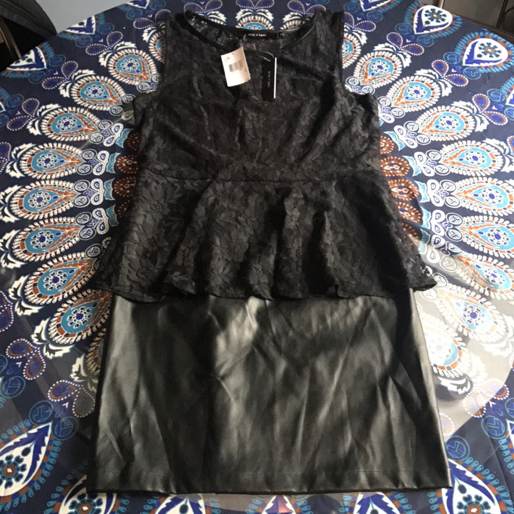Eric + Lani LBD peplum lace pleather dress NWT sm